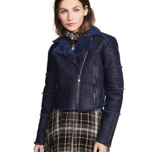 J BRAND Aiah Lambskin Leather Moto Jacket Genuine Shearling Trim Washed Navy